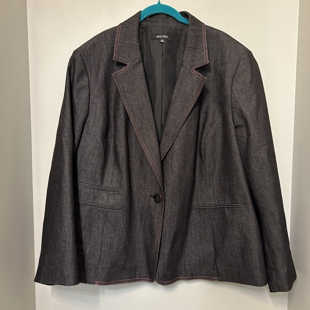 Nine West dark denim jean blazer suit jacket with red stitching size 24 W Plus